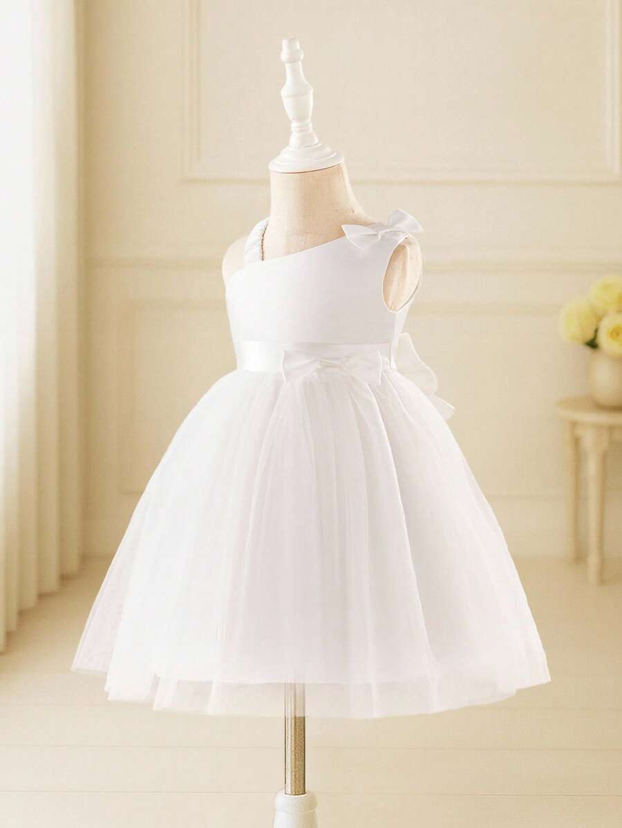 Glamorique Kids 女婴优雅可爱高贵单蝴蝶结腰身修身缎面网纱蓬蓬裙，秋冬派对礼服 - 白色 - 查看 1