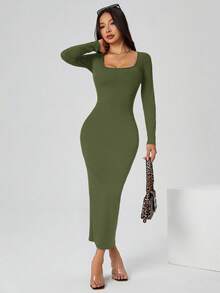SHEIN PETITE 秋装纯色方领紧身黑色长袖连衣裙 - 軍綠色 - 查看 6