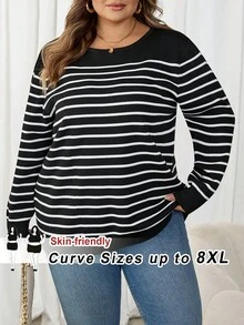 SHEIN CURVE+ 大码女式条纹圆领长袖休闲毛衣，秋冬针织上衣 - 黑與白 - 查看 5