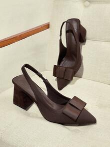 CUCCOO BASICS Women's Fashion Fabric Bow Pointed Toe Chunky Heel Pumps For Christmas - Coffee Brown - View 2