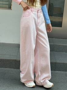 DAZY 少女宽松阔腿休闲牛仔裤，甜美风格学生装，秋季款 - 淺粉色 - 查看 3