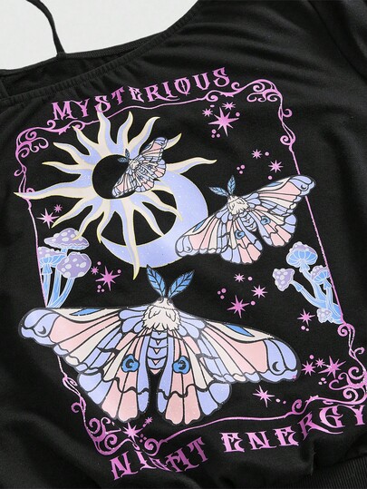 Goth Tee-shirt manches longues grande taille avec imprimé gothique oblique d'épaule, papillon, soleil et champignon. Sweat-shirt-shirt grande taille imprimé pour l'automne. Top grande taille à manches longues et épaules obliques, idéal pour le travail, l'école et le quotidien