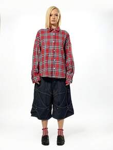 SUMWON WOMEN Cotton Oversized Plaid Check Long Sleeve Button Down Shirt With Call My Stylist Print Fall Winter Streetwear Holiday Collection - Red - View 5