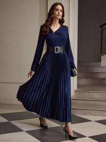 ZEYLAH Asymmetric Collar Metal Buckle Decor Pleated Long Sleeve Maxi Elegant Dress - Navy Blue - View 5