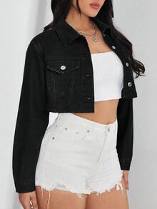 SHEIN EZwear 女式休闲纽扣前短款牛仔夹克，带保暖衬里，秋季 - 黑色 - 查看 3