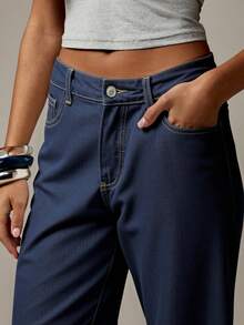 MISSGUIDED Linen Cotton High Rise Wide Leg Denim Palazzo Pants Retro Bell Bottom Jeans With Front Pockets And Back Belt Detail Fall Winter Fashion Statement Bottoms - Dark Wash - View 4