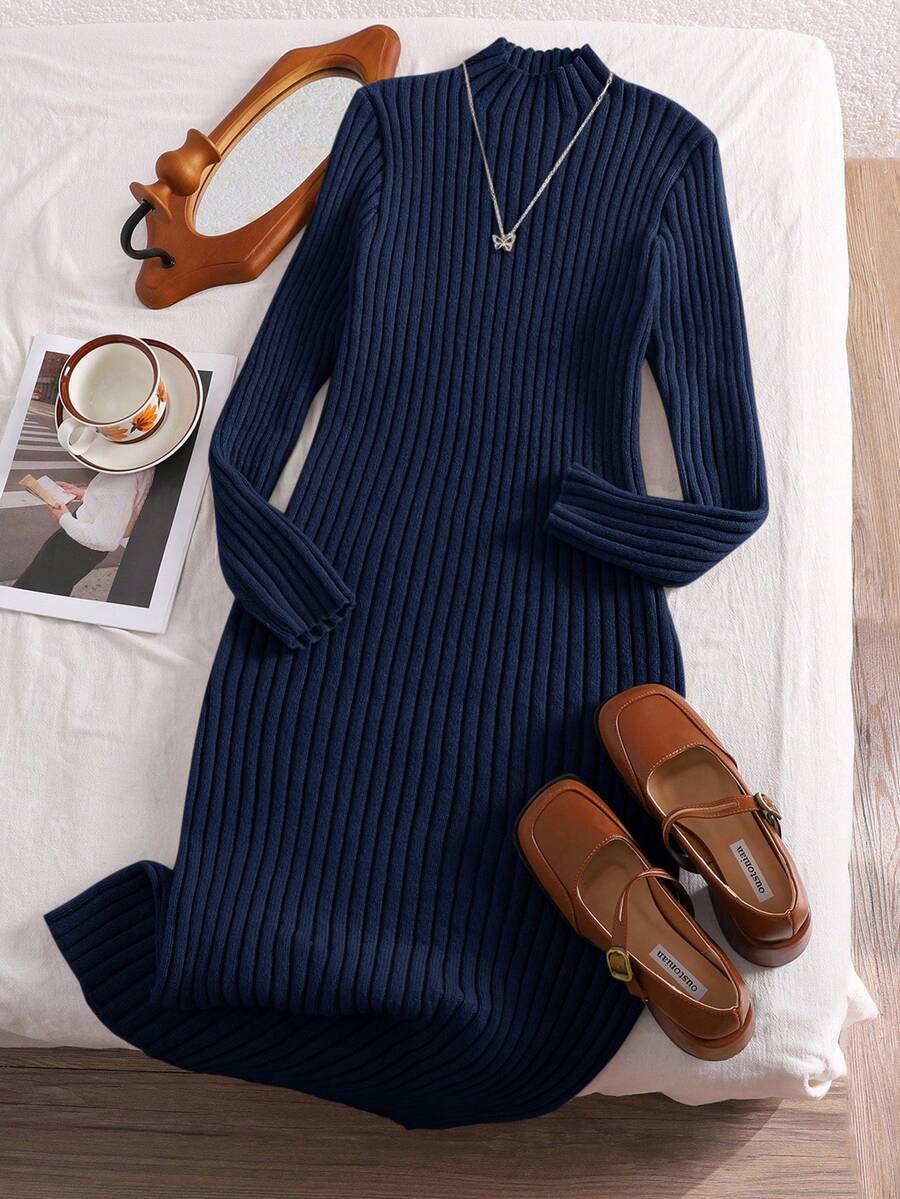 SHEIN Essnce Váy len co giãn thoải mái, cổ đứng cỡ lớn, vừa vặn - Xanh đậm - Xem 1