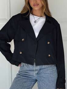 SHEIN EZwear Plus Size Casual Notched Collar Double-Breasted Black Windbreaker, Autumn/Winter