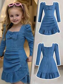 Elladie kids Girls Blue Autumn Washed Casual Fitted Pleated Denim Dress,Ruched Hem,Cute Bow Decor,Suitable Everyday Wear,Minimalist & Fashionable Fall Winter - Medium Wash - View 3