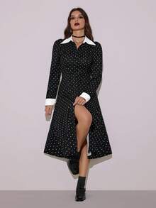 SHEIN Tall Halloween Cosplay Black And White Polka Dot Dress,Goth Chic Autumn Tea Party Formal Dresses For Women,Nightmare Before Christmas,Suitable For Tall - Black - View 6