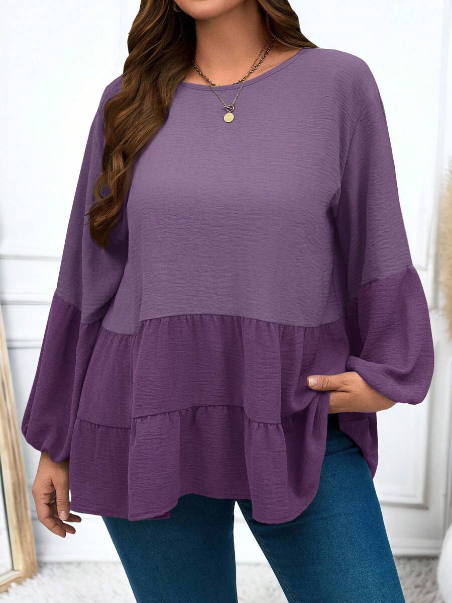 EMERY ROSE Plus Size Casual Winter Women Colorblock Lantern Sleeve Shirt - Purple - View 1