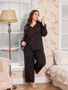 SHEIN Plus Size Women's Cherry Blossom Print Pajama Set,Black Crinkle Open Front Sleepwear,Autumn Night Curvy Pj Set,Fall Winter Clothes - Black - View 6
