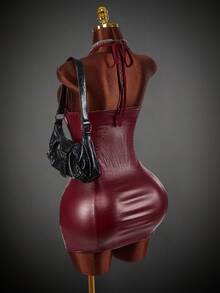 Y2K Amplova Women's Sexy Lace Patchwork Backless Halter Mini Dress, Summer Red - Burgundy - View 1