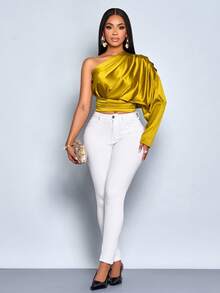 SOLERSUN Áo cánh satin dài tay xếp ly một bên vai thanh lịch dành cho nữ, áo dài tay vải thu dành cho nữ - Màu Mù tạt vàng - Xem 3