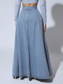 SHEIN PETITE 纽扣休闲百搭日常女式牛仔半身裙 - 藍色 - 查看 5