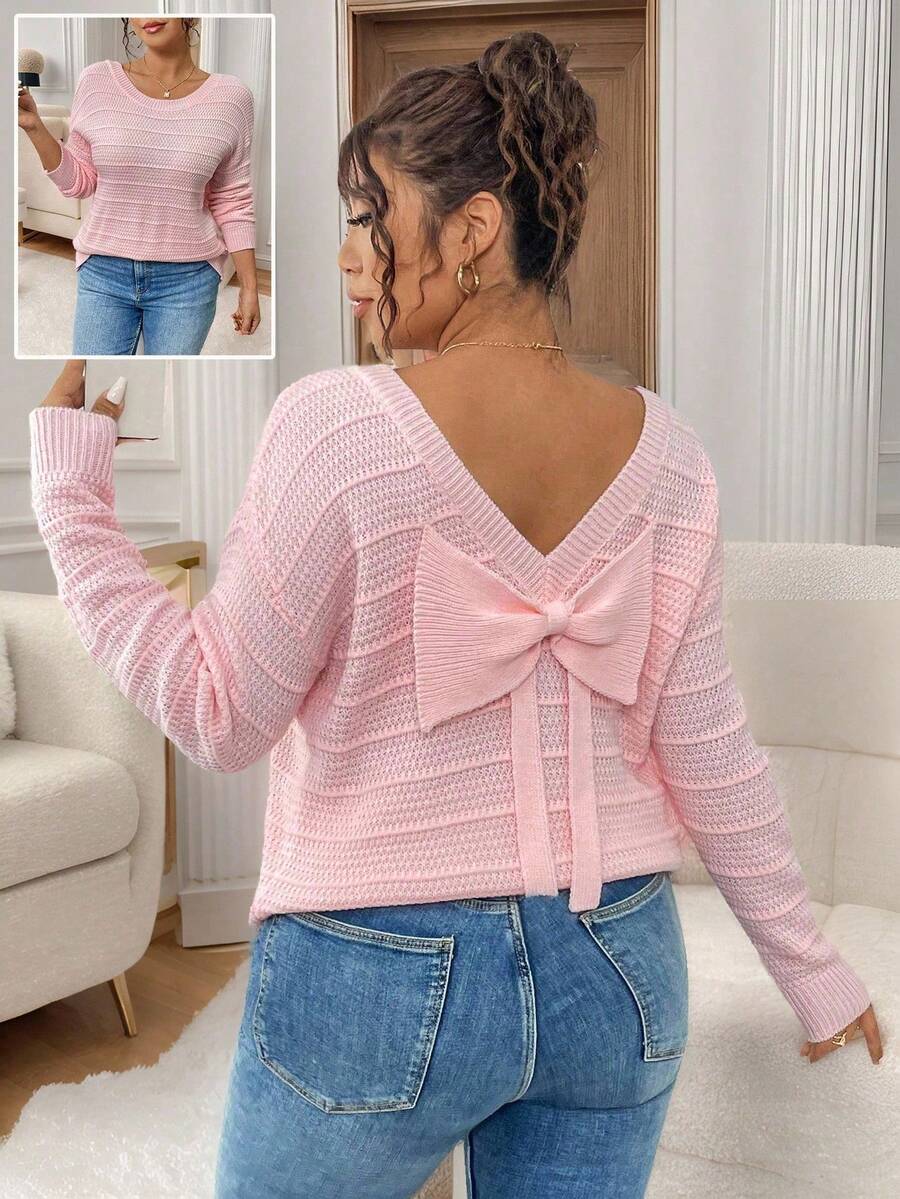 Elenzga Plusstorlek kvinnor tjock rosa rund halsad lös stor rosettdekor tröja, mångsidig för höst/vinter stickad pullover hösttröja - Rosa - Visa 1