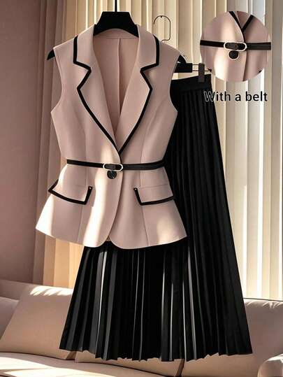 Franclia 时尚优雅休闲西装外套翻领无袖收腰撞色半身裙套装两件套，适合大学穿着