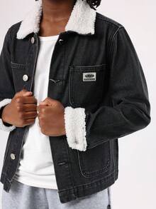 SUMWON Cotton Kids Sherpa Lined Denim Trucker Jacket Winter Fashion Outerwear With Patch Pockets Classic Casual Jean Coat Streetwear Seasonal Outerwear - Black - View 6