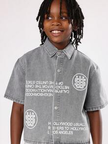 SUMWON Cotton Tween Boys Oversized Short Sleeve Denim Button Down Street Style White Text Print Retro Typography Los Angeles Shirt Light Vintage Wash Casual Everyday Wear