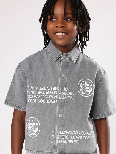 Oversized Denim Button Down Shirt With Typography Print｜Sumwon