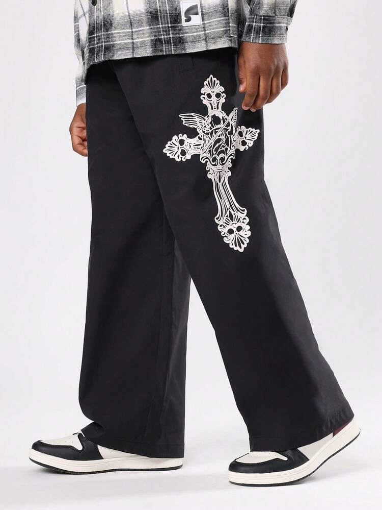 Wide Leg Pants With Gothic Cross Design