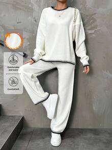 EURMUSE Women's Drop Shoulder Loose Knitted Sweater Two Piece Set With Contrast Color Hem - White - View 1