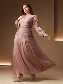 Anewsta 大码女式橄榄绿亮面长连衣裙，圆领腰部褶皱设计，泡泡袖，优雅百搭，适合秋季、冬季、外出、正式场合、派对、时尚、新年、圣诞节、工作、毕业典礼、婚礼、休闲等各种场合。