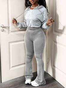 BamGleam 2件套女式连帽长袖上衣和裤子套装 - 灰色 - 查看 3