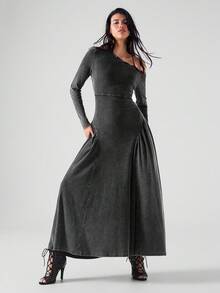 LYSMO 女士时尚不对称领长裙，适合通勤 - 黑色 - 查看 4