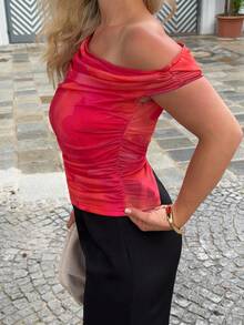 Jeta Ari Blusa de mujer con hombros ombrés, cuellos asimétricos y plisados, con estampado floral, hombros oblicuos, para primavera/verano, apta para playa, viajes, elegante, sexy, vacaciones, estilo bohemio, Hawái, festivales de música, romántica, citas - Multicolor - Ver 4