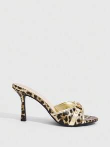 CUCCOO SZL Gold Metal PU Leopard Print & Gold Bone Decor Fashionable Sexy Pointed Toe High Heel Mule Sandals