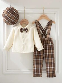 Souflis Souflis 两件套：休闲长袖上衣和格子吊带裤套装，适合上学、聚会、郊游和各种场合，2025 年秋冬新品，幼儿男童 - 咖啡棕 - 查看 1