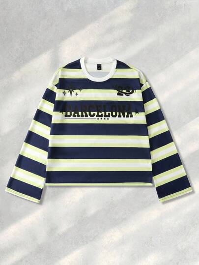 Street Life Men's Striped Print Long Sleeve T-Shirt, Loose Cropped Fit, Fall