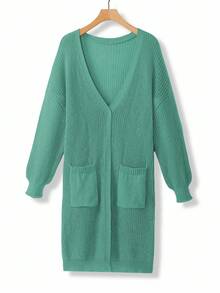 EMERY ROSE Plus Size Women Loose Casual Drop Shoulder Lantern Sleeve Knitted Cardigan, Black Jacquard Pattern, Mid-Length, Versatile Daily Wear - Green - View 1