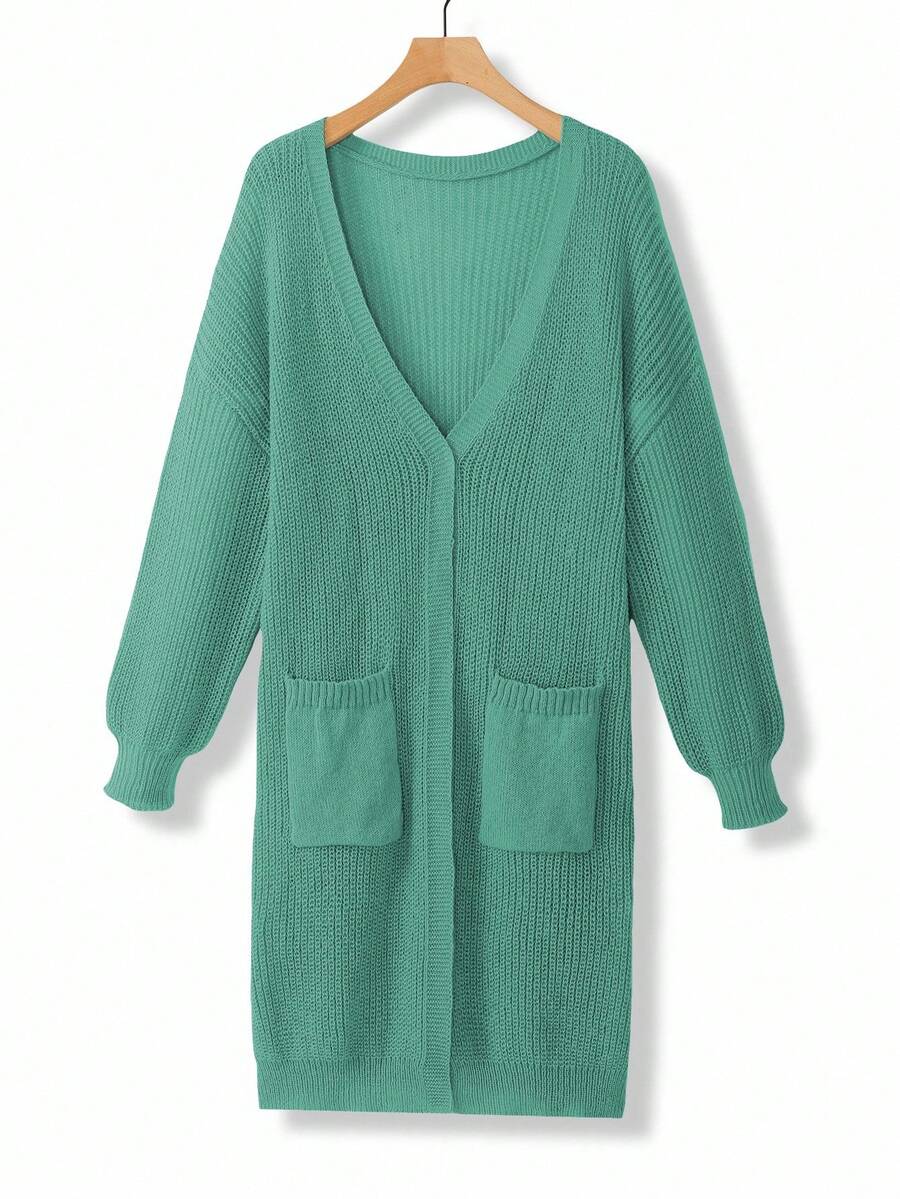 EMERY ROSE Plus Size Women Loose Casual Drop Shoulder Lantern Sleeve Knitted Cardigan, Black Jacquard Pattern, Mid-Length, Versatile Daily Wear - Green - View 1
