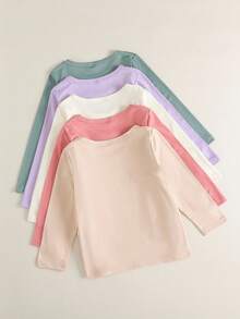 SHEIN Playful Pals 5 قطع تيشيرتات كاجوال طويلة الأكمام بياقة دائرية مناسبة للبنات الصغيرات، مناسبة للربيع والخريف والعطلات والاستخدام اليومي والخروجات والمدرسة، مريحة وجذابة للخريف والشتاء