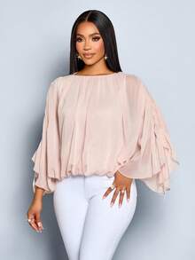 SOLERSUN 女士优雅纯色圆领抽绳蝙蝠袖衬衫 - 杏色 - 查看 6