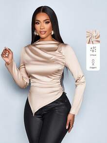 SOLERSUN 秋冬女装日常休闲优雅通勤肩部褶饰纽扣聚拢腰部不对称下摆光泽弹力面料杏色初秋长袖衬衫 - 杏色 - 查看 1