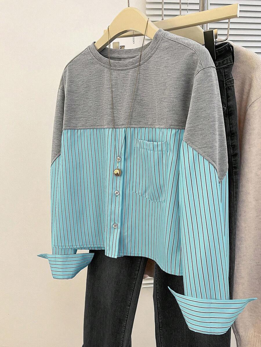 SHEIN Essnce Áo sơ mi nữ cổ tròn tay dài cài nút họa tiết kẻ sọc chắp vá - Màu xanh ngọc - Xem 1