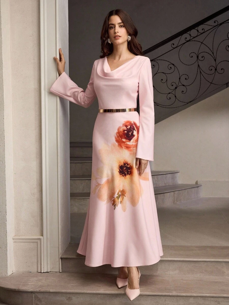 ZEYLAH Elegant Swing Neck Floral Print Flare Sleeve Dress - Pink - View 1