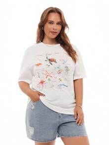 SHEIN EZwear Áo thun tay ngắn cổ tròn họa tiết động vật đại dương tối giản, thoải mái cho phụ nữ ngoại cỡ, thích hợp cho mùa hè - trắng - Xem 3