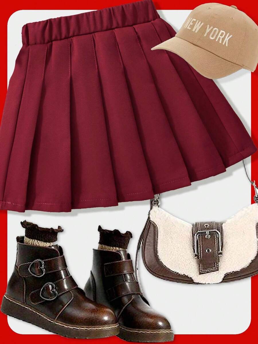 SHEIN Elladie kids 年轻女孩纯色褶皱简约 A 字裙,休闲日常穿着 - 酒紅色 - 查看 1