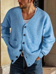 STEELVANCE Men's Solid Color V-Neck Drop Shoulder Long Sleeve Single-Breasted Pocket Casual Cardigan Sweater Back To School Everyday Comfort Thick Pocket Blue OVERSIZE Going Out , Fall Winter