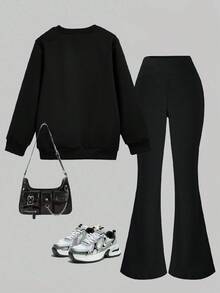 2 件套女孩和青少年水豚和珍珠奶茶印花圆领长袖运动衫和喇叭裤，舒适针织长袖运动上衣，可爱卡通设计适合秋冬休闲装 - 彩色 - 查看 2