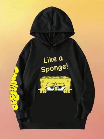 SpongeBob SquarePants | SHEIN Plus Size Casual Cartoon & Letter Graphic Hooded Sweatshirt, Autumn