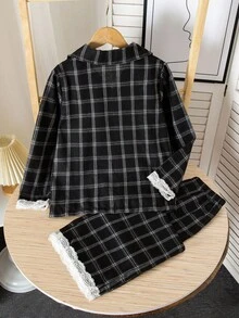 2 件大女孩复古黑白格子蕾丝边开衫上衣和宽松裤子休闲家居服套装，秋冬 - 彩色 - 查看 2