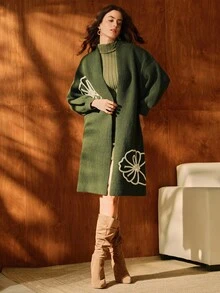 Anewsta 优雅的法式线条图案女式长款开衫毛衣，适合秋季、冬季、优雅、别致、新年、休闲、圣诞节 - 綠色 - 查看 6