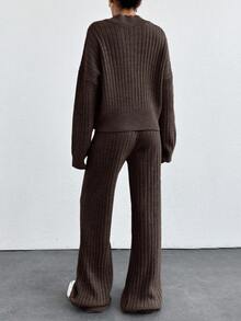 EURMUSE Drop Shoulder Zip Up Cardigan & Knit Pants - Brown - View 2