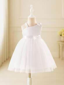 Glamorique Kids 女婴优雅可爱高贵单蝴蝶结腰身修身缎面网纱蓬蓬裙，秋冬派对礼服 - 白色 - 查看 7