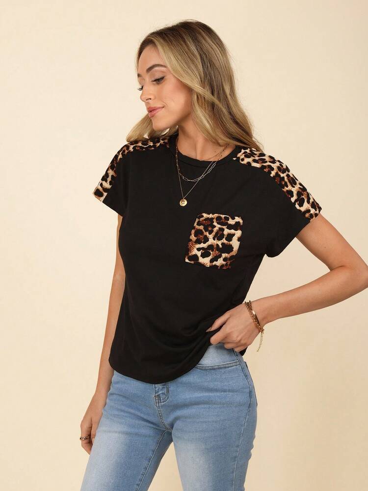 ヒョウ柄 パッチ ポケット ドルマンスリーブ Tシャツ